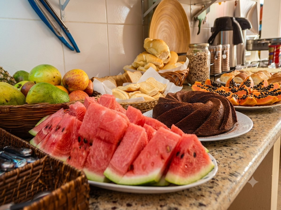 Mesa de café da manhã do Hotel Iracemar com frutas, bolos e pães